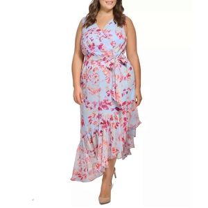 ELIZA J Blue Floral Print Faux-Wrap Asymmetric Ruffle Hem Dress 22W